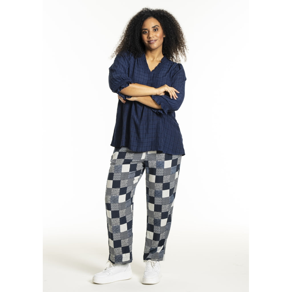 Studio SChristine Trousers WITHOUT elastic in legs Trousers Navy-white checks with print