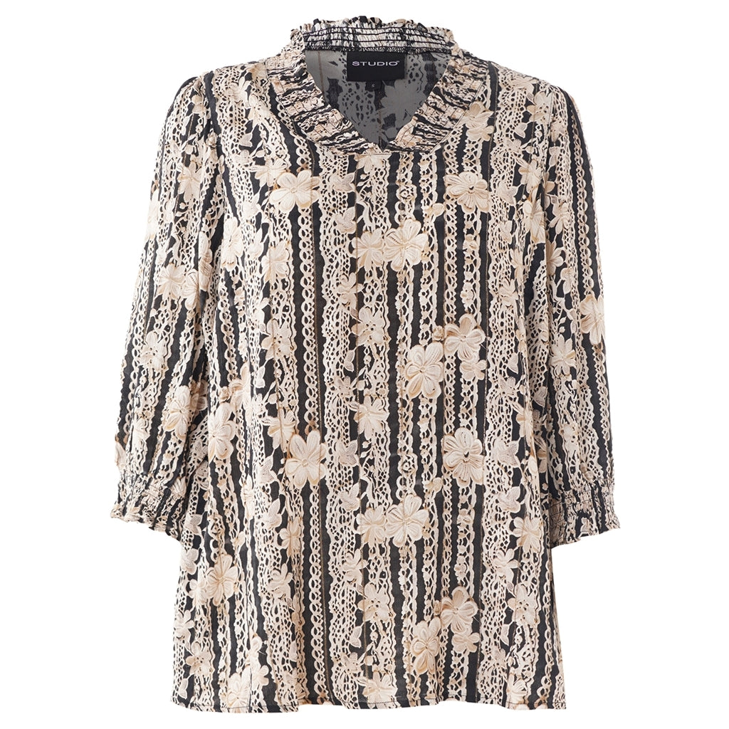 Studio SFeodora Blouse with smock neck Blouse Black with sand flowers and gold stripe
