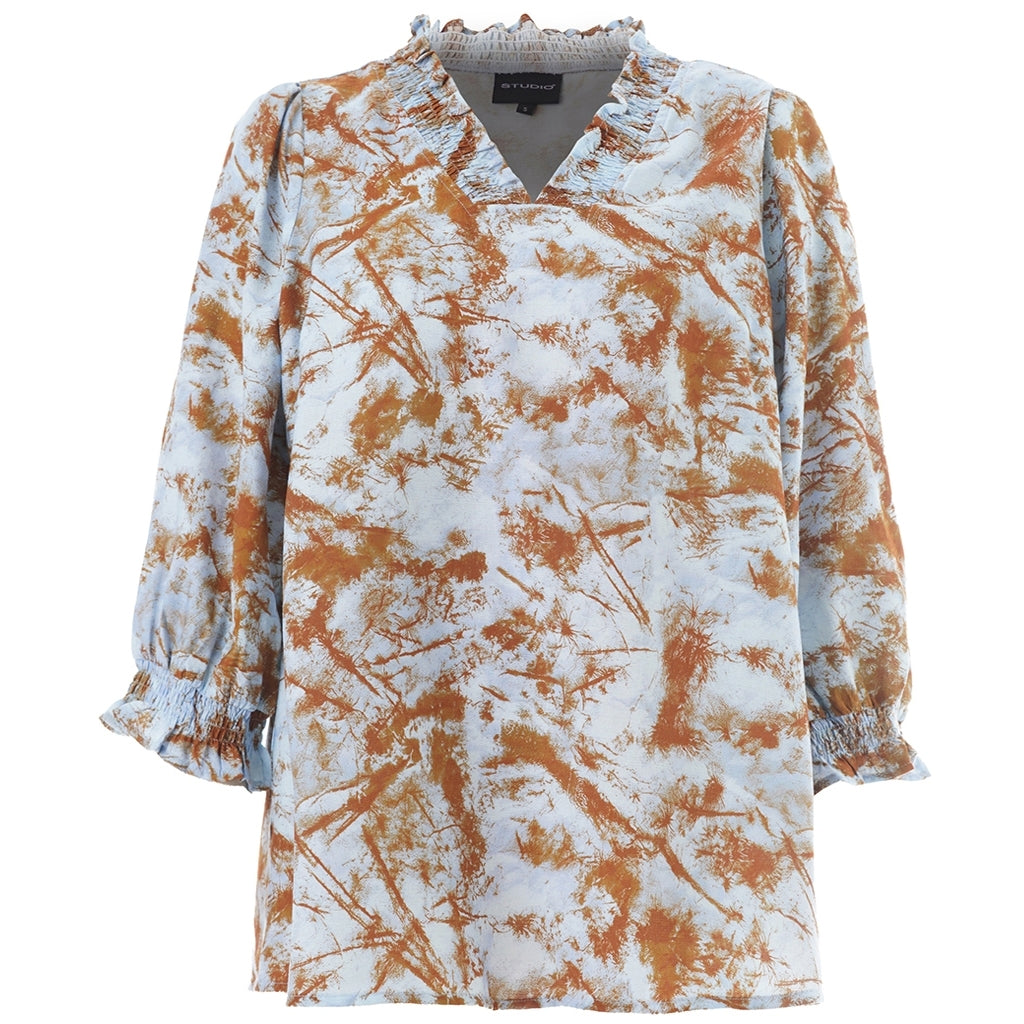 Studio SFeodora Blouse with smock neck Shirt Light blue + brown pattern
