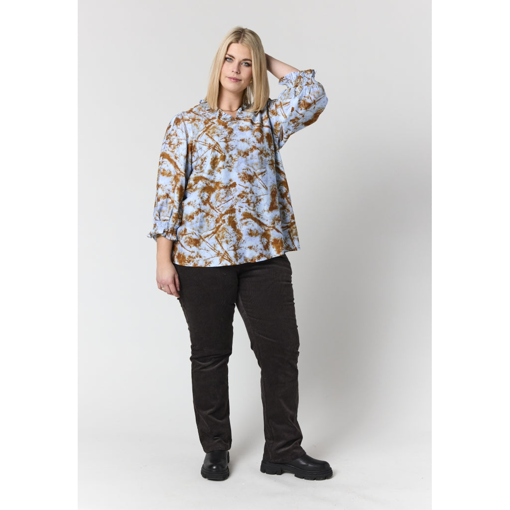 Studio SFeodora Blouse with smock neck Shirt Light blue + brown pattern