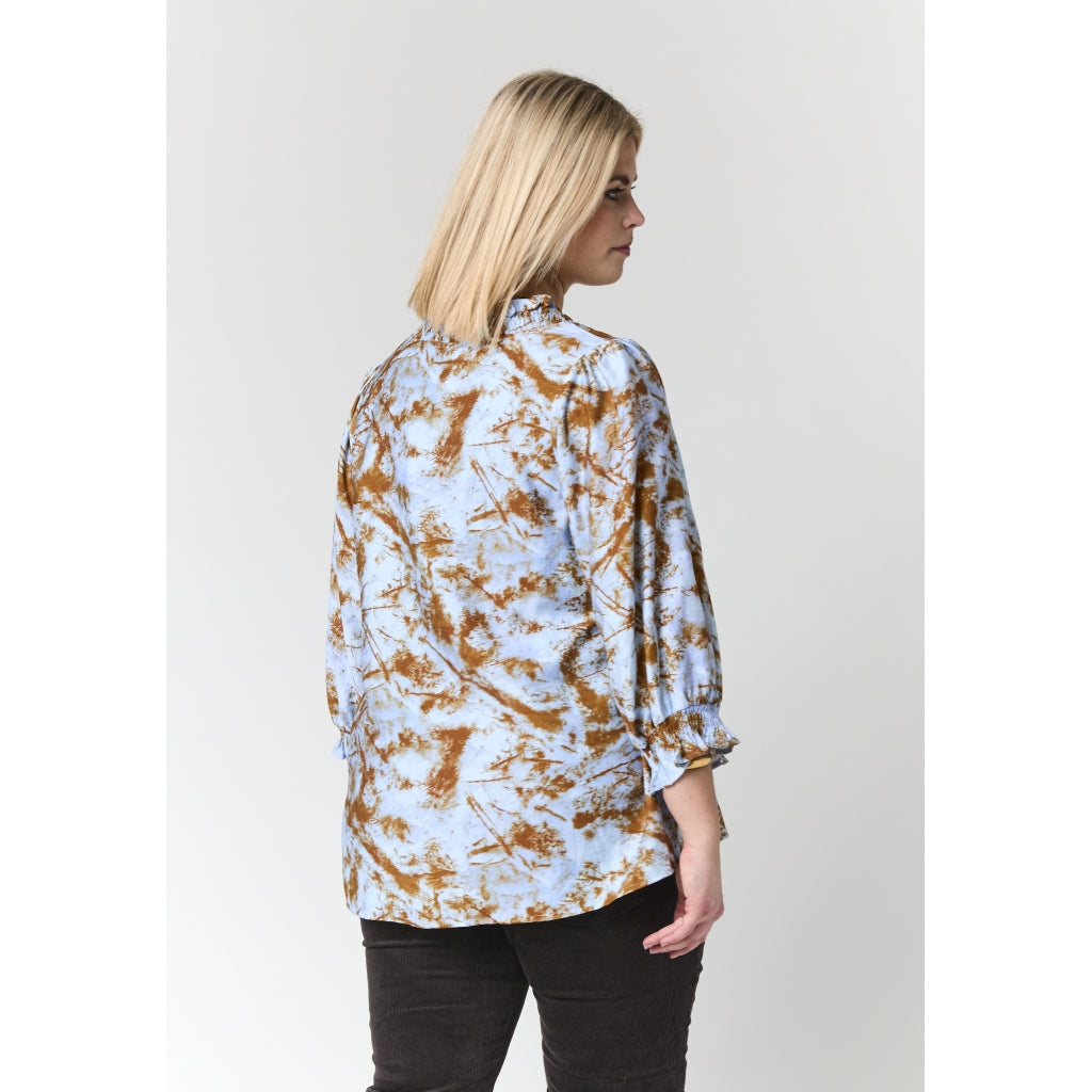Studio SFeodora Blouse with smock neck Shirt Light blue + brown pattern
