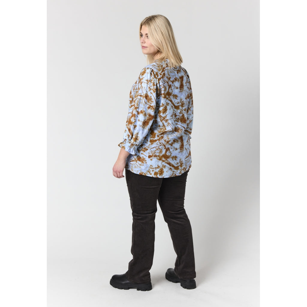 Studio SFeodora Blouse with smock neck Shirt Light blue + brown pattern