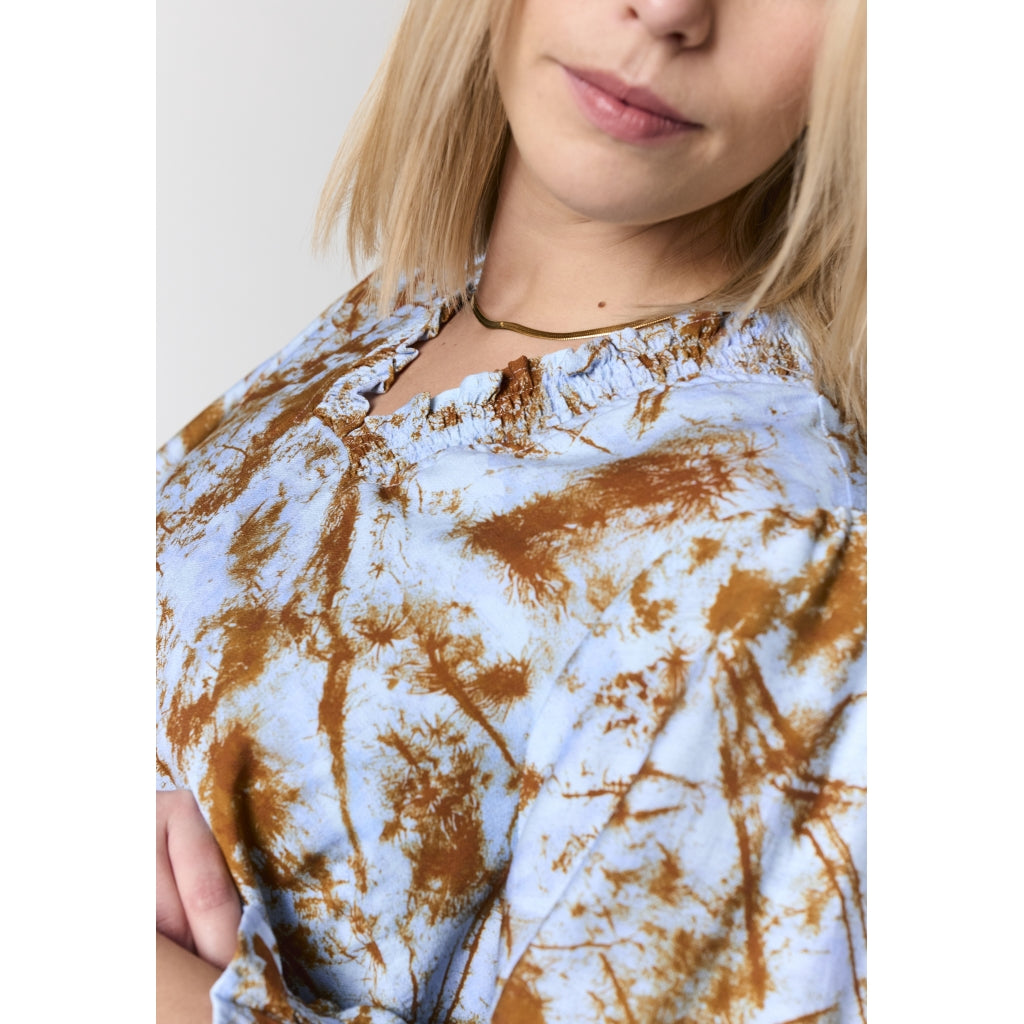 Studio SFeodora Blouse with smock neck Shirt Light blue + brown pattern