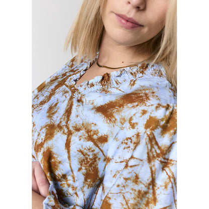 Studio SFeodora Blouse with smock neck Shirt Light blue + brown pattern