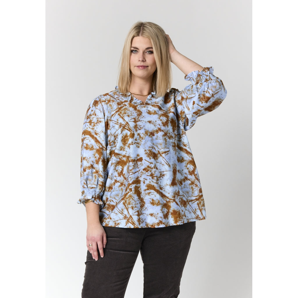 Studio SFeodora Blouse with smock neck Shirt Light blue + brown pattern