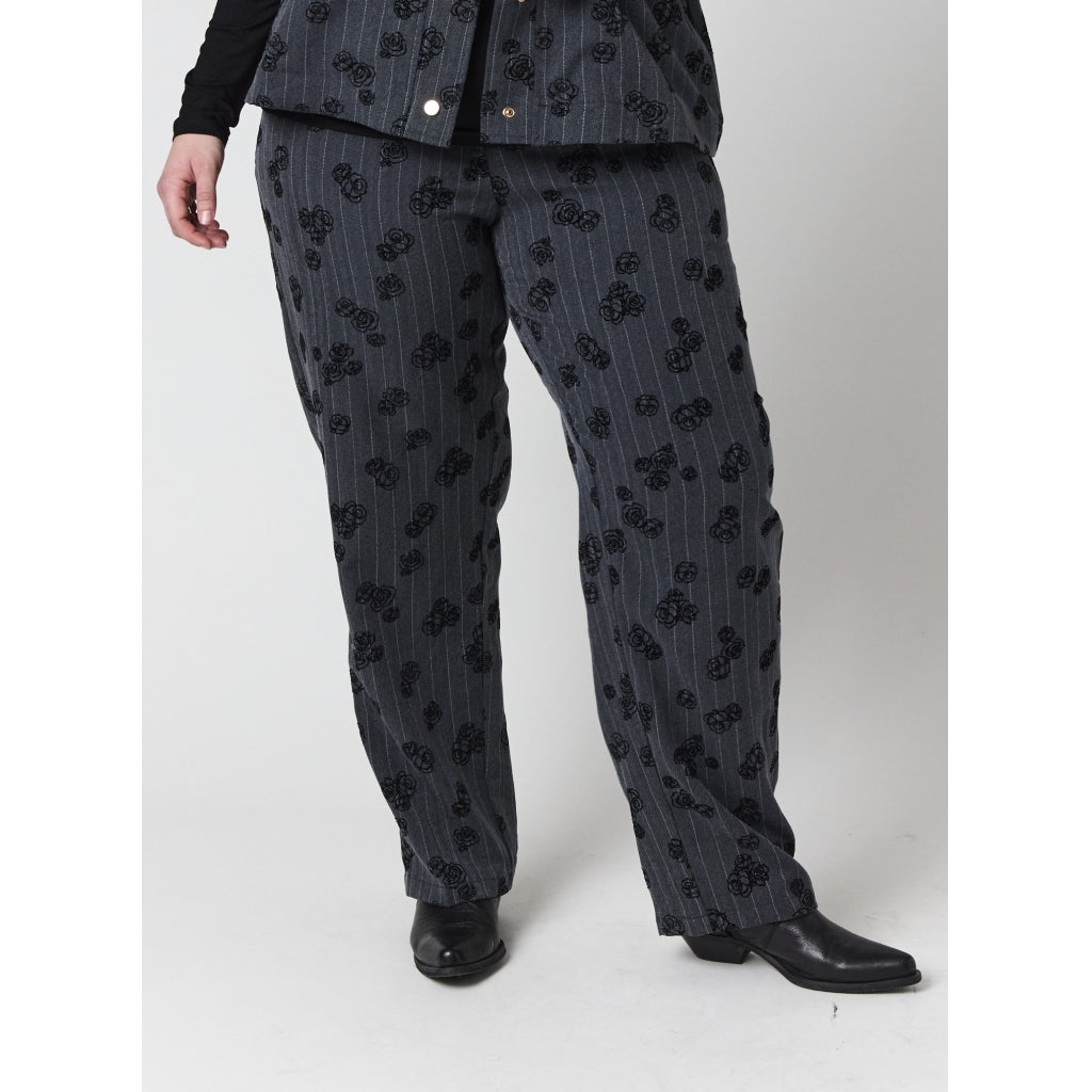 Studio SHala Trousers Trousers Grey with white stripe and black roses