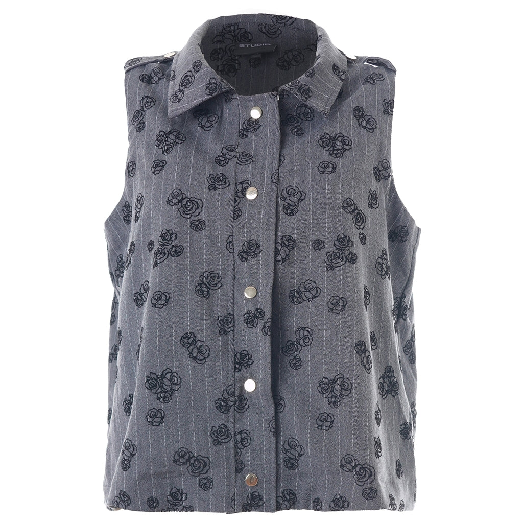 Studio SLiora vest Vest Grey with white stripe and black roses