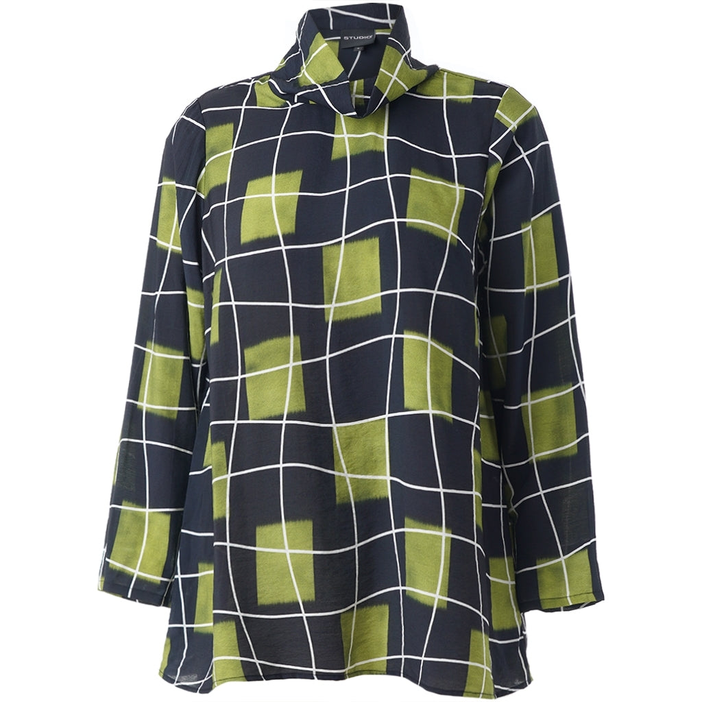 Studio SOlivia Blouse Blouse Black with squares with white lines and green wind