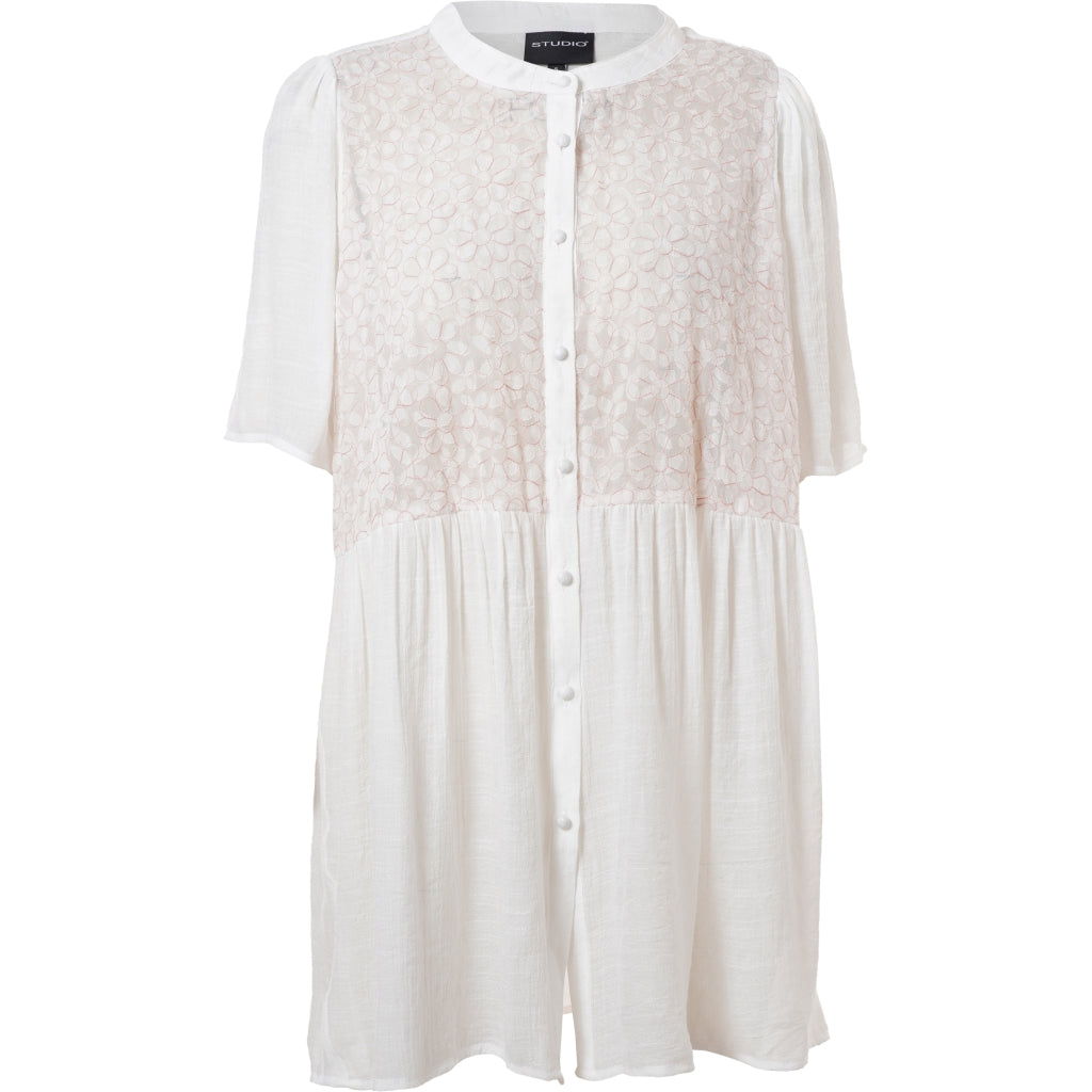 Studio Skatty Tunic Tunic White + pink stitch flower